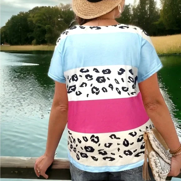 NWT!! Women's Trendy Plus Size Leopard Print Colorblock Off The Shoulder Top!!💖 - Picture 5 of 5